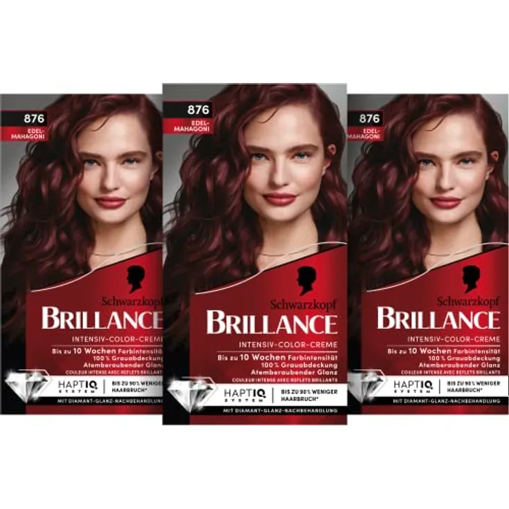 Brillance Intensiv-Color-Creme 876 Edelmahagoni Stufe 3 (3 x 160 ml), dauerhafte Haarfarbe mit Diamant-Glanz-Effekt & Pflege-Conditioner, 10 Wochen Farbintensität