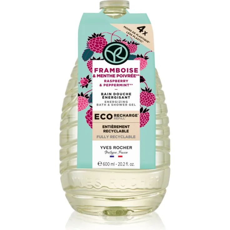 Yves Rocher Bain de Nature Duschgel Ersatzfüllung, 600 ml, sanfte Reinigung mit Himbeere & Pfefferminze, vegan, ohne Sulfate