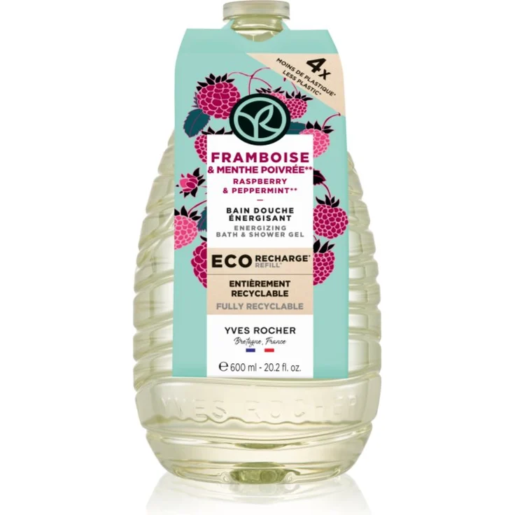 Yves Rocher Bain de Nature Duschgel Ersatzfüllung, 600 ml, sanfte Reinigung mit Himbeere & Pfefferminze, vegan, ohne Sulfate