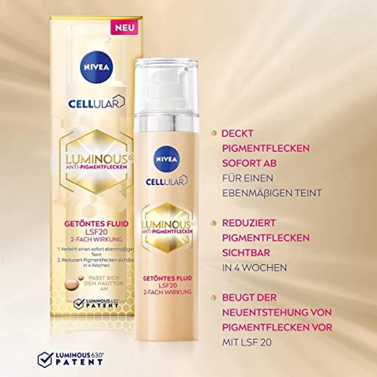 NIVEA Cellular Luminous 630 Anti-Pigmentflecken Getöntes Fluid LSF20 (40 ml), Gesichtspflege gegen Pigmentflecken und Altersflecken, feuchtigkeitsspendendes Fluid mit Hyaluron – Bild 3