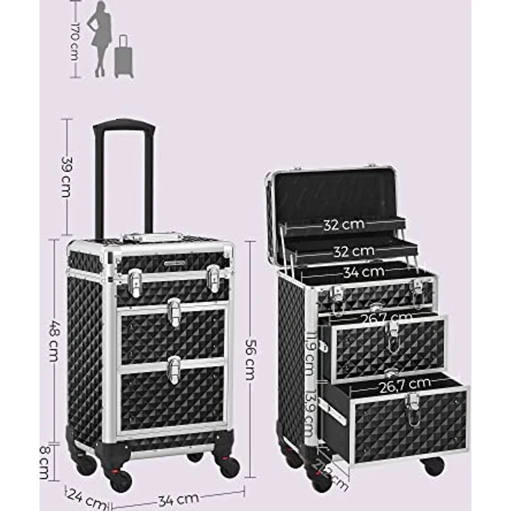 SONGMICS Kosmetikkoffer Trolley, Schminkkoffer 2 Schubladen, Friseurkoffer groß, Make-up Koffer, 34 x 24 x 56 cm, Rollen 360° drehbar, Reisen, Friseure, Geschenkidee, schwarz JHZ08BK – Bild 3