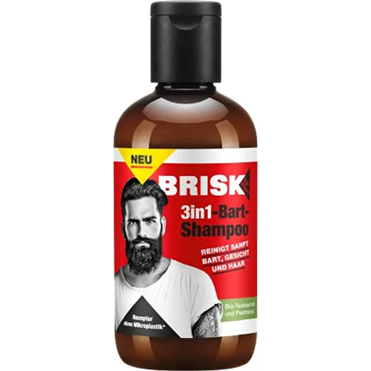 BRISK 3in1-Bart-Shampoo, 150 ml, Bart- und Haarpflege, Gesichtsreinigung für Männer, Shampoo für weiches Barthaar, Pflegeprodukt mit Bio-Teebaumöl – Bild 1