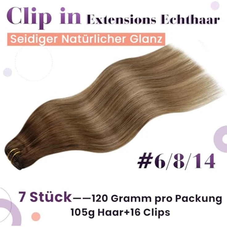 LaaVoo Echthaar Extensions Clip Aschiges Hellbraun mit Beigenuancen, 35cm, 120g, 7 Stück, glattes Remy Echthaar, silikonbeschichtete Clips – Bild 3