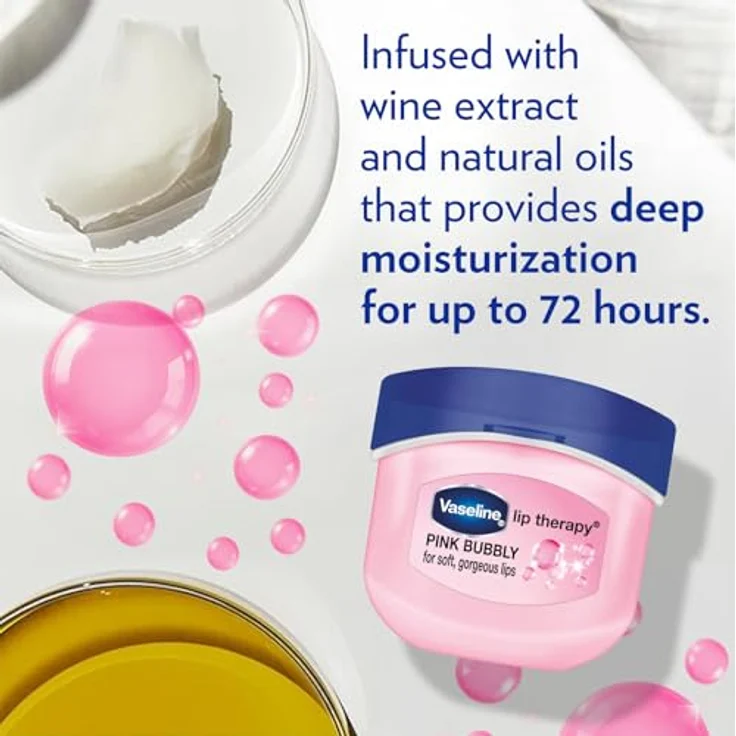 Vaseline Lip Therapy Pink Bubbly, 7G pflegender Lippenbalsam mit Weinextrakt für 72 Stunden Feuchtigkeit, pinkfarbenen Blubberton – Bild 4
