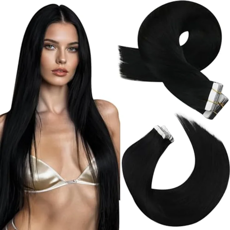 Moresoo Tape in Extensions Echthaar 45 cm, Seidig Glatt, Remy Haarverlängerung, Schwarz, 20 Stück/50g Doppelseitig Unsichtbar für Natürlichen Look