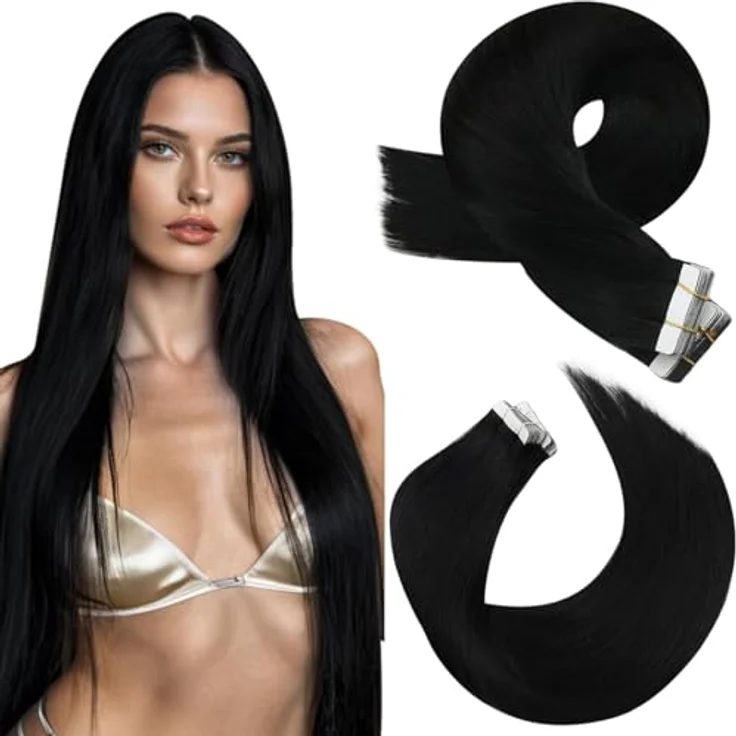 Moresoo Tape in Extensions Echthaar 45 cm, Seidig Glatt, Remy Haarverlängerung, Schwarz, 20 Stück/50g Doppelseitig Unsichtbar für Natürlichen Look – Bild 1