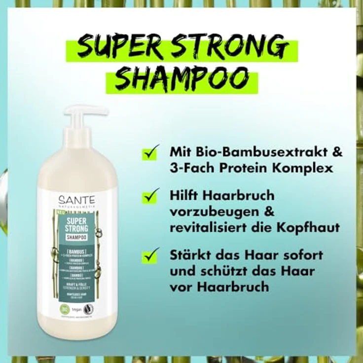 Sante Naturkosmetik Super Strong Shampoo Bio-Bambus Extrakt + 3-Fach Protein Komplex, veganes Pflegeshampoo für kraftloses Haar, 950 ml mit Pumpspender – Bild 4