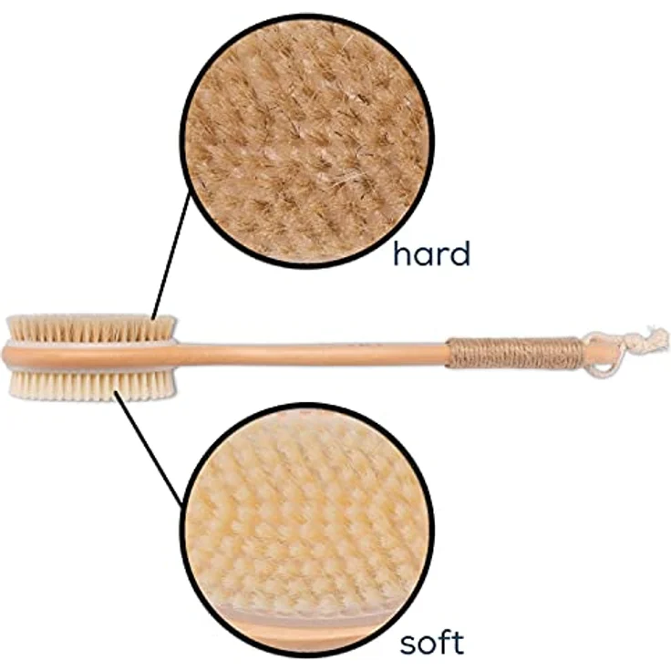 K-Pro Rückenbürste mit langem Stiel, doppelseitige Peelingbürste aus Naturborsten & Kirschholz, harten & weichen Borsten für Dusche und Bad, für Damen & Herren – Bild 2