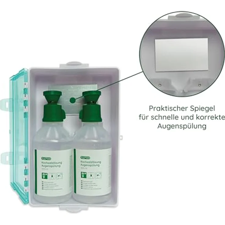 FLEXEO Augenspülstation inkl. 2 × 500 ml Flaschen Kochsalzlösung und Wandhalterung - Augenspülung - Augendusche - Eyewash station - sterile NaCl 0,9 Augenspüllösung - Eye wash - Hohe Sichtbarkeit und effektive Reinigung – Bild 3