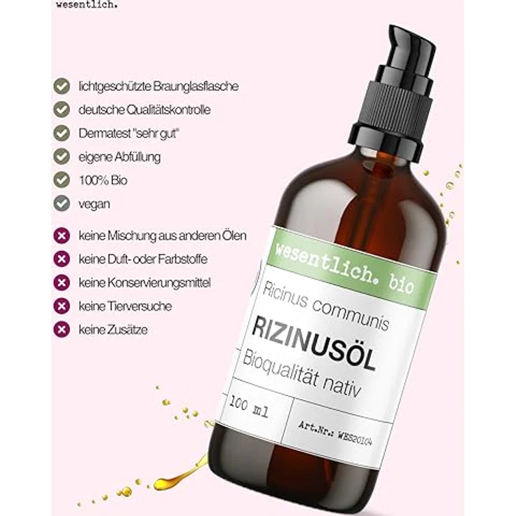 wesentlich. Rizinusöl BIO kaltgepresst 100ml - zur Pflege von Wimpern und Augenbrauen - Haut und Haar – Bild 4