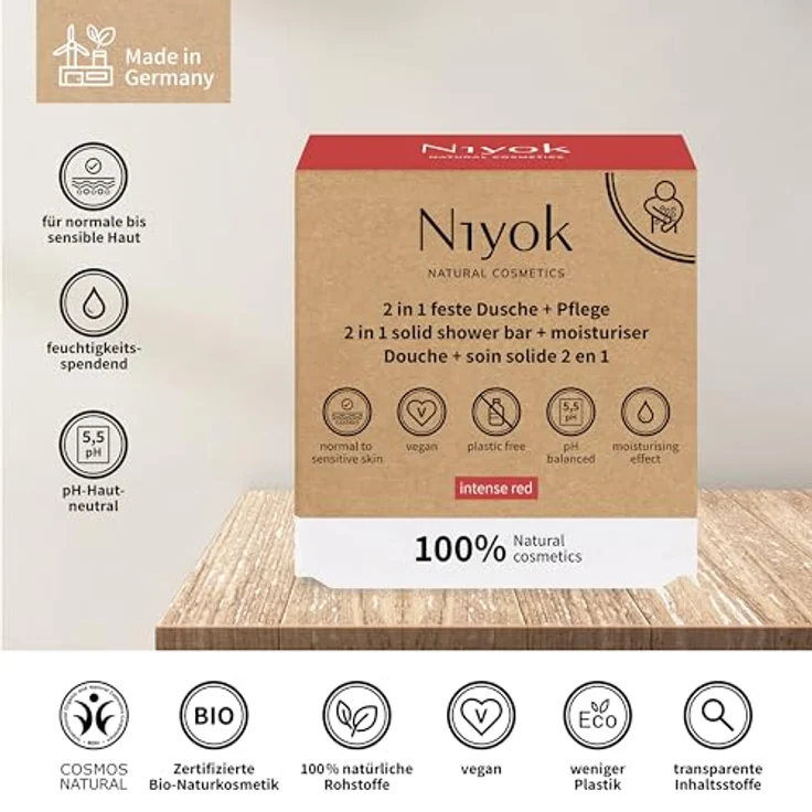 Niyok® 2-in-1 Feste Dusche + Pflege "Intense Red" (80g) • Naturkosmetik Duschseife • Festes Duschgel für alle Hauttypen • Vegane Seife für Körper & Hände • Plastikfrei & Vegan – Bild 3