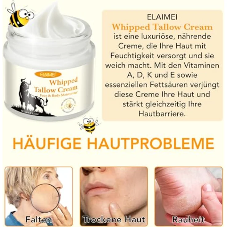 P-Beauty Cosmetic Accessories Whipped Tallow Cream, 60 g, natürliche Feuchtigkeitspflege für Gesicht und Körper, hypoallergen, schnell einziehend, 3-teilig – Bild 2