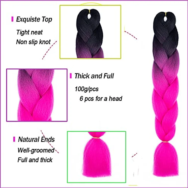 Shangxiu Braids Extensions, rosa, Kunsthaar zum Einflechten, 24" (60cm), 100g pro Bundle, 6 Stück – Bild 5
