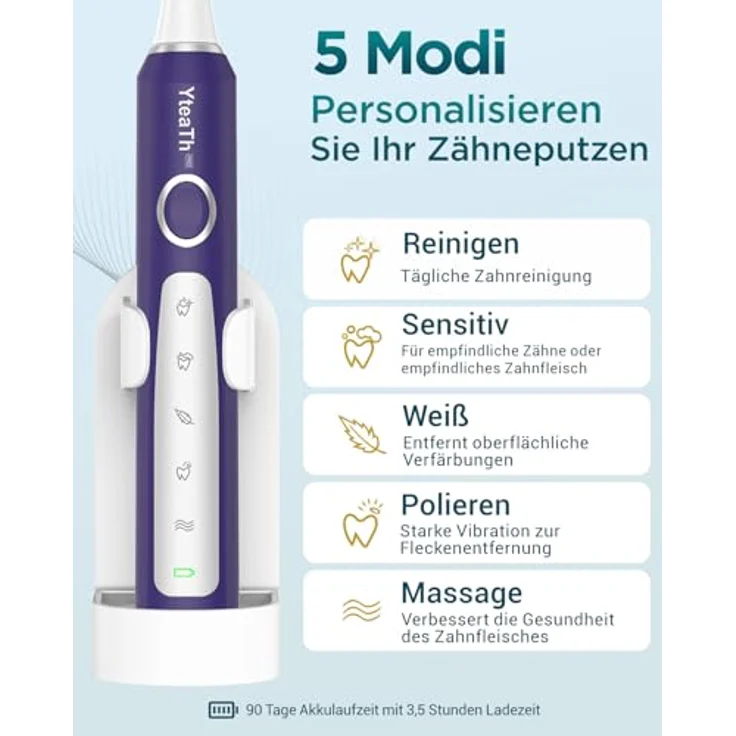 YTEATH PRO Elektrische Zahnbürste YTEATH PRO Schallzahnbürste mit 8 Bürstenköpfen, 5 Modi, 90 Tagen Akkulaufzeit und Smart Timer für Erwachsene und Kinder – Bild 4