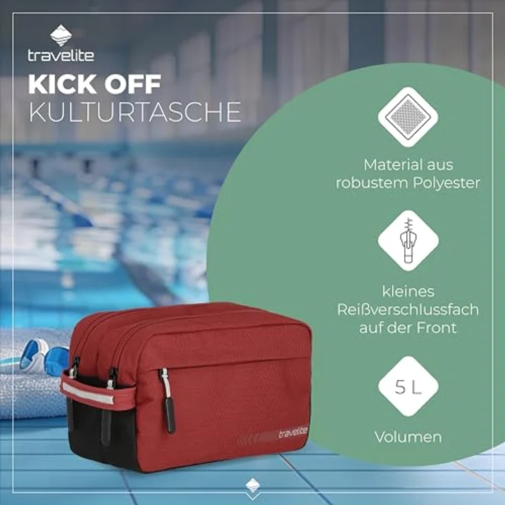 travelite Handgepäck Kosmetiktasche, Gepäck Serie KICK OFF: Praktische Kulturtasche für Urlaub und Sport, 006920-10, 26 cm, 5 Liter, rot – Bild 3