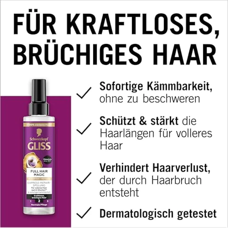 Gliss Kur Express-Repair-Spülung Full Hair Magic, 200 ml, für sofortige Kämmbarkeit, Fülle und Hitzeschutz bis 230 °C – Bild 4