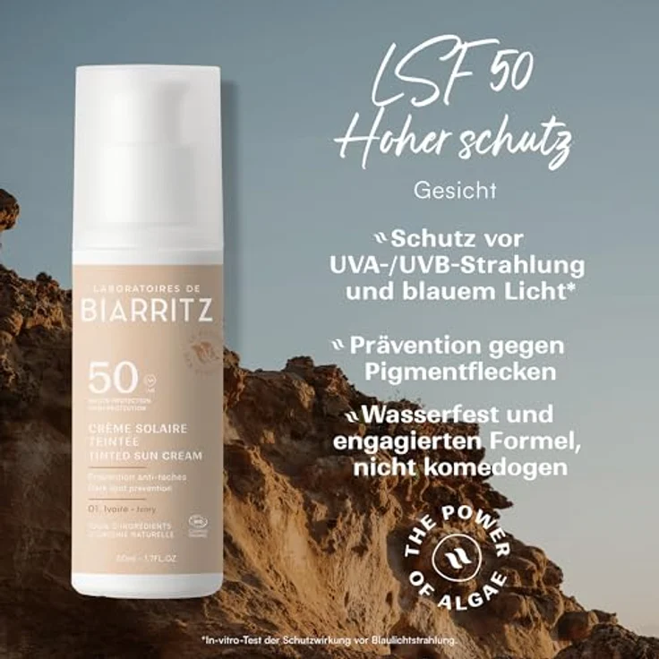 Laboratoires de Biarritz Getönte Sonnencreme Gesicht Elfenbein LSF50 Bio-zertifiziert Hydriert Mattiert Sorgt für gesundes Strahlen 50 ml Made in France – Bild 3