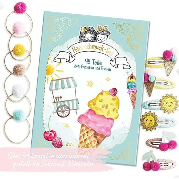 Papierdrachen Haarspangen und Haargummis Set, 48-teilig in bunten Farben, langlebig und robust, glitzernde Applikationen, Stoffbezug, für lange und feine Haare - *Eis* – Bild 2