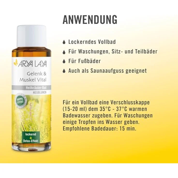 Arya Laya Heilkräuter-Bad Gelenk & Muskel Vital, 200 ml: Detox-Badezusatz mit Heublumen-Extrakt, stoffwechselanregend, vegan, für wohltuende Erholung nach körperlicher Anstrengung – Bild 3