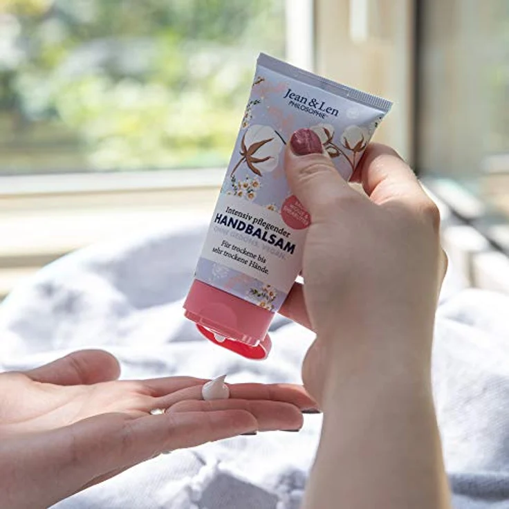 Jean & Len – Handbalsam Baumwolle & Sheabutter, Handpflege für trockene bis sehr trockene Hände, pflegt intensiv und ist dabei besonders mild, ohne Parabene und Silikone, vegan, Handcreme Tube, 75 ml – Bild 4