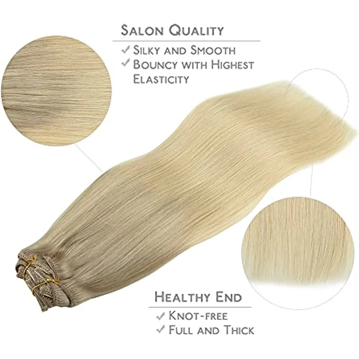 WENNALIFE Clip in Extensions Echthaar, 40cm 120g, 7pcs, Aschblond bis Goldblond und Platinblond, Remy Haarverlängerung mit hochwertigen Clips – Bild 4