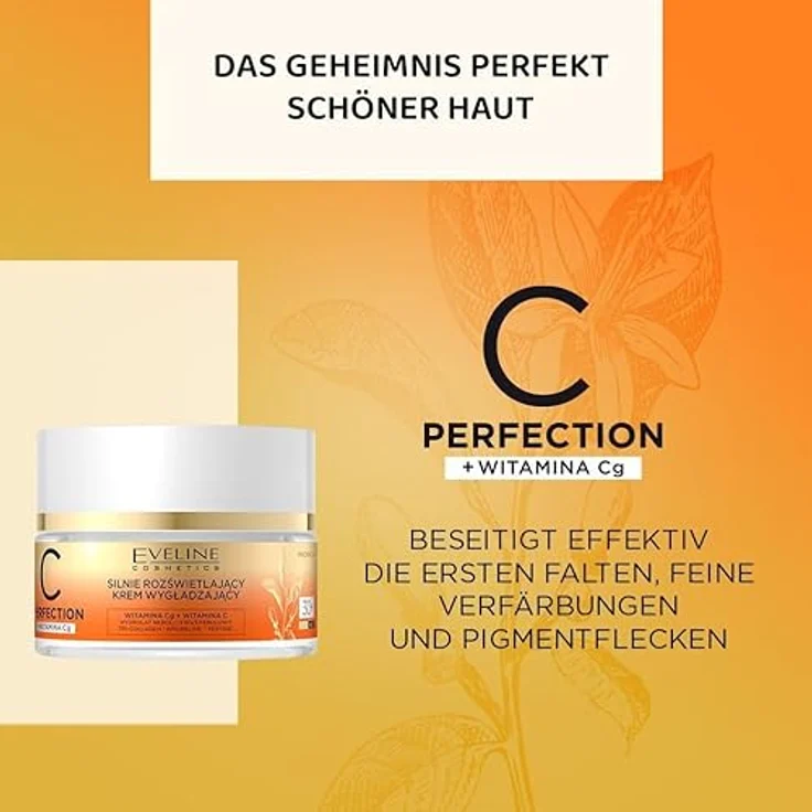 Eveline Cosmetics C-Perfection Strahlende Glättungscreme 30+, 50ml, mit Tri-Collagen-Komplex, Neroli-Hydrolat & Argireline, aufhellend, feuchtigkeitsspendend, für Tages- und Nachtanwendung – Bild 5
