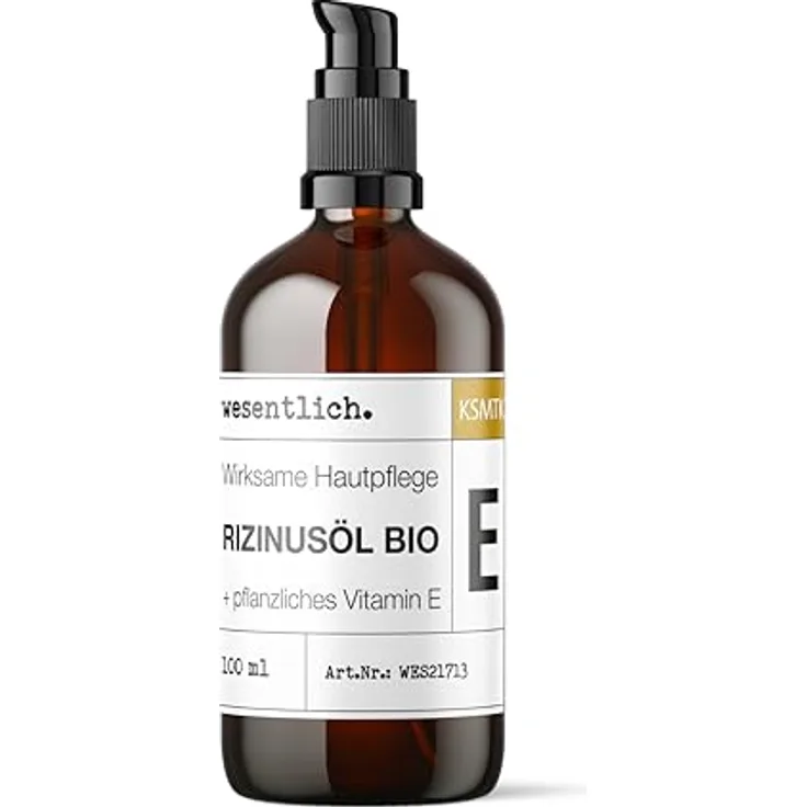 wesentlich. Rizinusöl BIO 100ml, kaltgepresst & angereichert mit Vitamin E, für Gesicht, Haut, Wimpern & Haare, in Glasflasche mit Pumpspender