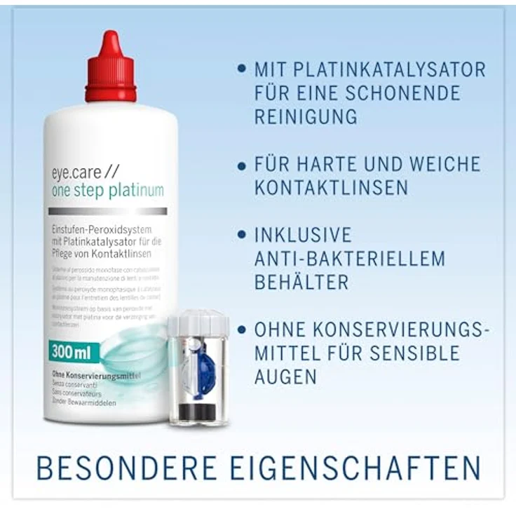 EYE CARE COMPANY Eye.care platinum solution Peroxidreiniger mit Platinkatalysator, 300 ml, ohne Konservierungsmittel für weiche und harte Kontaktlinsen, inklusive Behälter – Bild 2