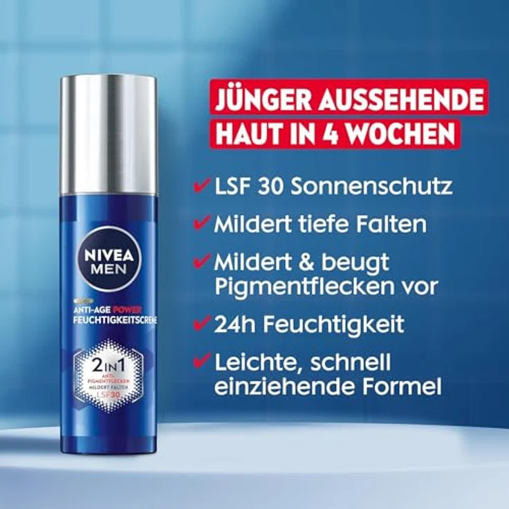 Nivea Men Anti-Age 2in1 Power Tagespflege mit LSF 30, Gesichtspflege mit Hyaluron und LUMINOUS630 gegen Alters- und Pigmentflecken (50 ml) – Bild 3