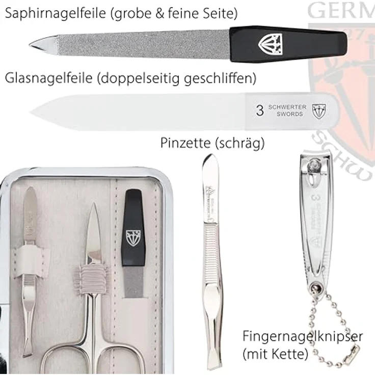 DREI SCHWERTER Maniküreset 'Genova', 6-tlg. Nagelpflegeset in weissem Kunstlederetui, inkl. Nagelschere, Hautschere, Nagelknipser, Glas- und Saphirnagelfeile, Pinzette – Bild 3