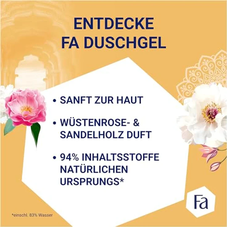 FA Duschgel Oriental Moments (1x 250ml), Pflegende Duschcreme mit 95% natürlichen Inhaltsstoffen, Wüstenrose & Sandelholz Duft – Bild 3