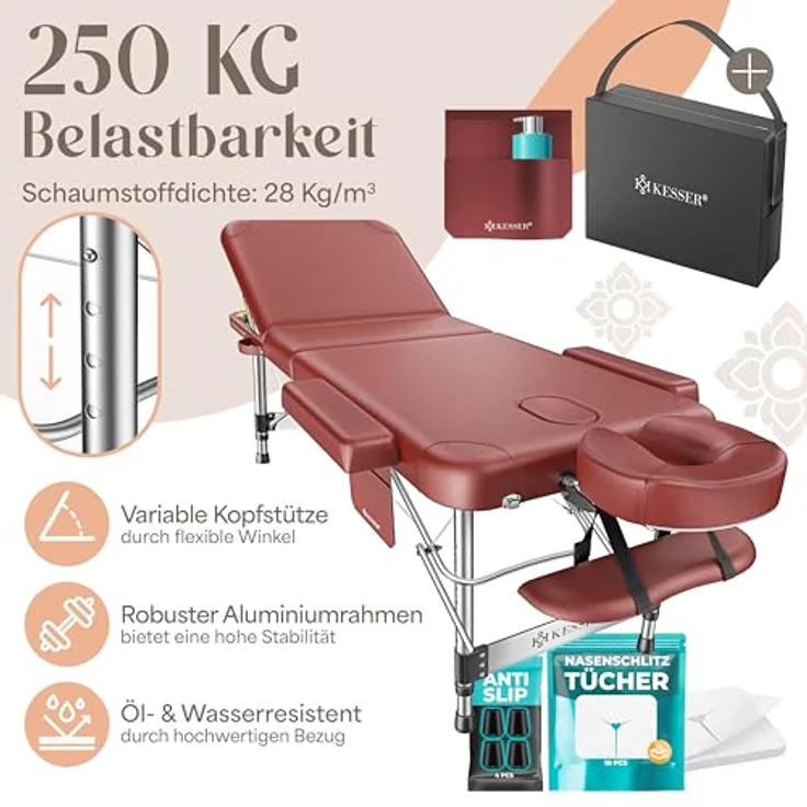 KESSER® Massageliege 3 Zonen, klappbar und verstellbar bis 250kg, tragbare Kosmetikliege mit Aluminium-Kopfstütze, Armlehne, Anti-Rutsch-Füßen, 60cm, Bordeaux – Bild 2