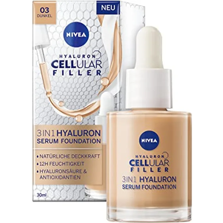 NIVEA 3in1 Hyaluron Serum Foundation dunkel (30 ml), Anti-Age Foundation mit Serum für eine jünger aussehende Haut, feuchtigkeitsspendende Foundation mit Hyaluron