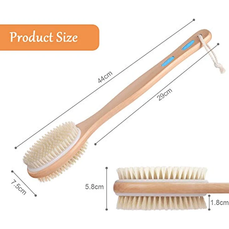 URAQT Doppelseitige Rückenbürste, Naturborsten Badebürste mit langem Holzgriff für Peeling und Massage, 44 cm – Bild 2
