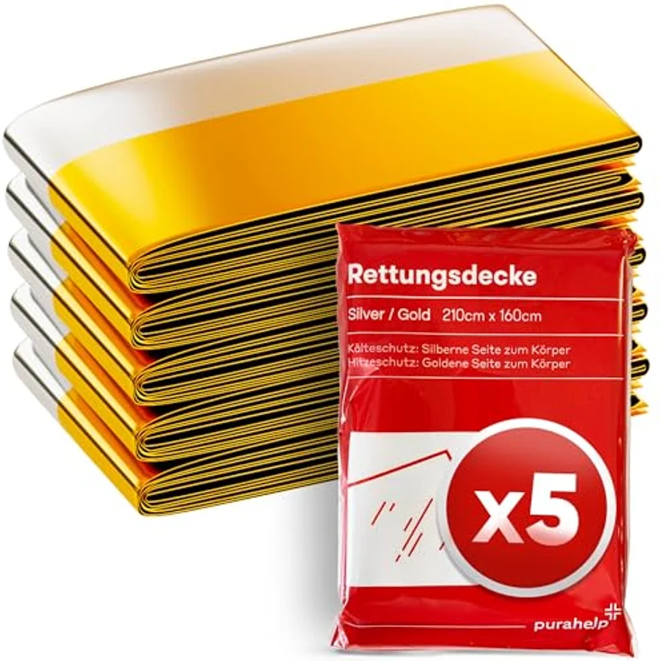 Purahelp Erste-Hilfe-Set PURAHELP Rettungsdecke Gold Silber, 210 x 160 cm, wetterfest, reißfest, 5 Stück für Notfälle und Outdoor-Aktivitäten – Bild 1