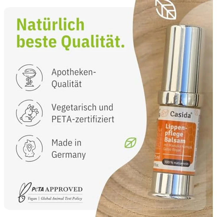 Casida Lippenpflegebalsam mit Manuka Honig und Geleé Royal, 100% natürlich, vegan, 5ml – für trockene, rissige Lippen, pflegend und schützend – Bild 3