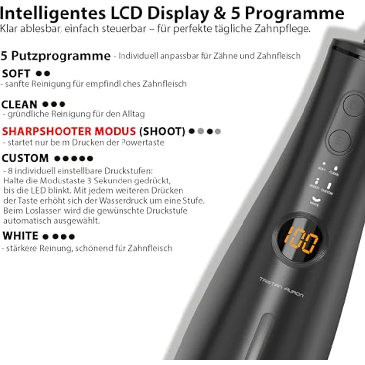 Tristan Auron ProJet Munddusche – 5 Reinigungsmodi, 8 Druckstufen, 300 ml Tank, LCD Display, USB-C Schnellladung, IPX7, inkl. 2 Ersatzdüsen und Reisetasche – Bild 4