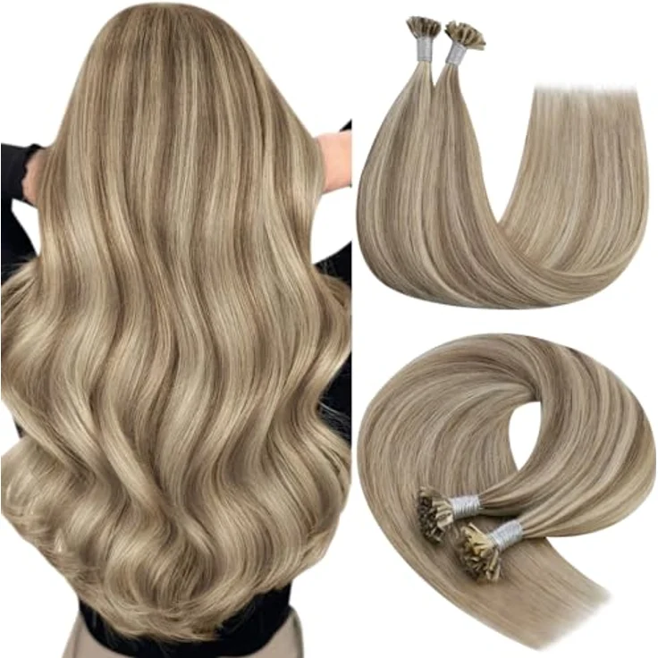 YoungSee U-Tip Echthaar Bondings, 40 cm, 40g, Braun/Hellbraun/Platinblond, Invisible Hot Fusion Extensions für natürlichen Look – Bild 1