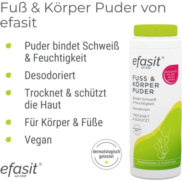 Efasit Fuß und Körper Puder, 100g - Gegen schwitzende Füße, ideal bei Fußgeruch und Schweißfüße, bindet Feuchtigkeit, schützt die Haut und sorgt für angenehmen Geruch – Bild 5