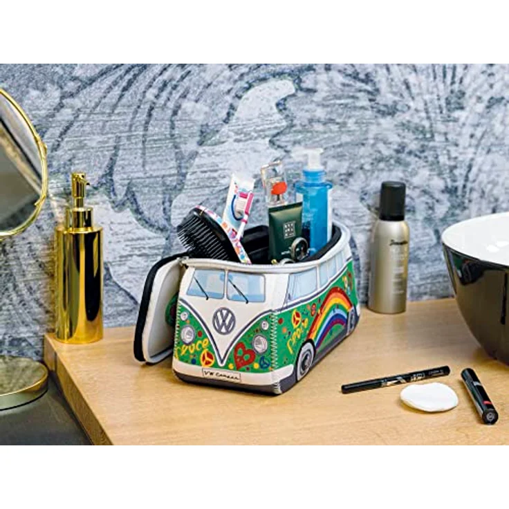BRISA VW Collection - Volkswagen Neopren Universal-Schmink-Kosmetik-Kultur-Reise-Apotheke-Tasche-Beutel im T1 Bulli Bus Design (Peace/Grün/Groß) – Bild 4