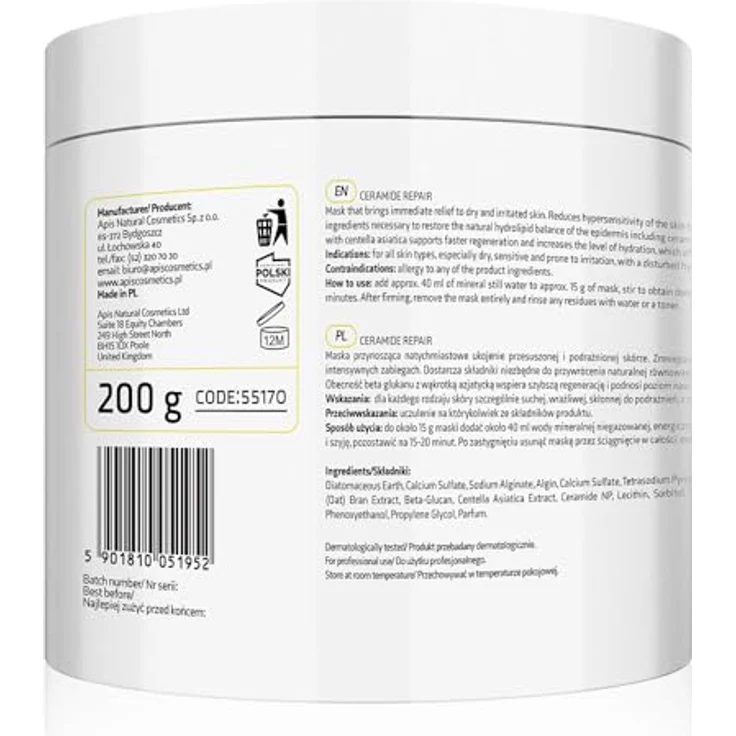 Apis Natural Cosmetics APIS Ceramide Repair Algenmaske 200 g – mit Ceramiden Typ 3 & 6-II, Beta-Glucan, für Regeneration, Feuchtigkeit und Beruhigung empfindlicher Haut – Bild 2