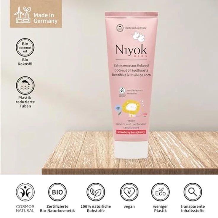 Niyok Zahnpasta Zahncreme Kids Erdbeere & Himbeere, natürliche Zahncreme mit Bio-Kokosöl, fluoridfrei, 75ml – Bild 3
