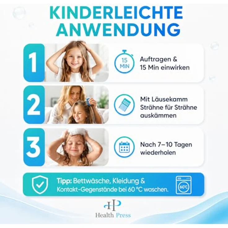 Health Press Anti-Läuse Shampoo, 200ml Vorteilspackung mit Applikatorflasche und Läusekamm, kokosextraktbasiert – Bild 7