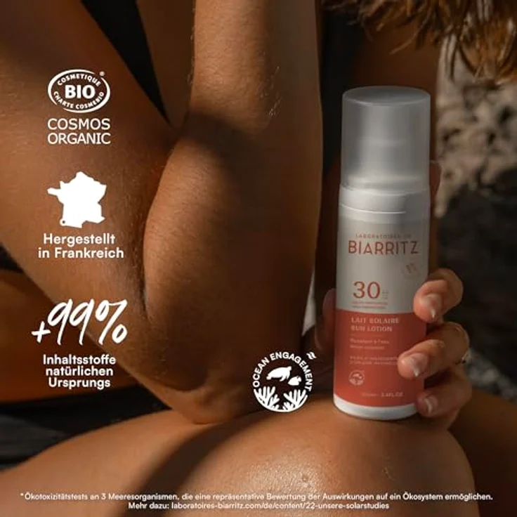 Laboratoires de Biarritz Sonnenmilch LSF30 Bio-zertifiziert, leichte cremige Textur für Gesicht und Körper, 100 ml, Made in France, wasserfest und antibakteriell – Bild 2
