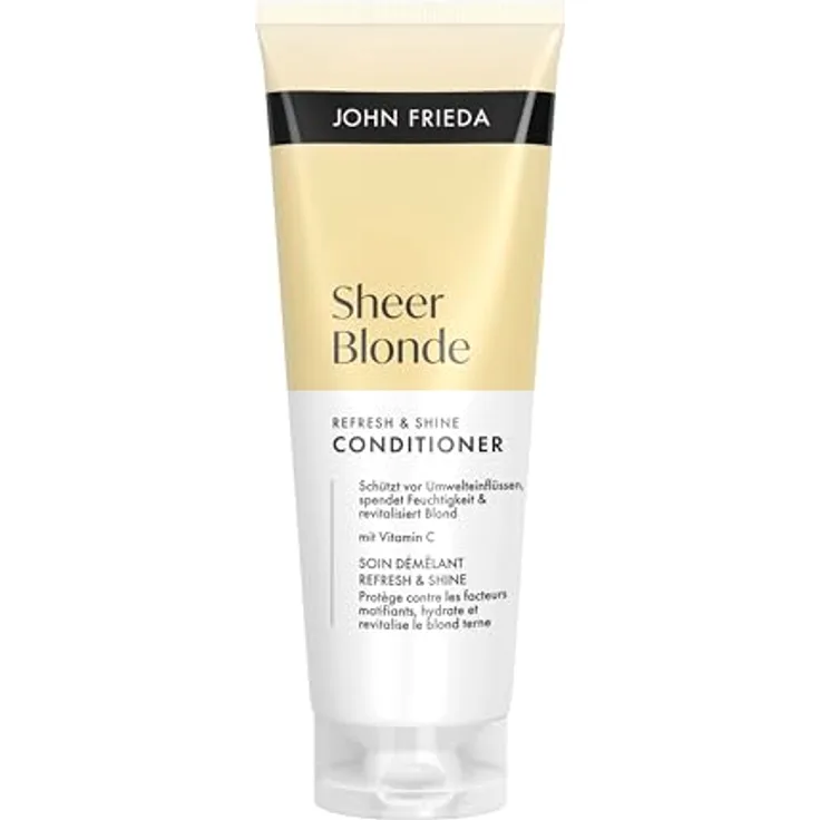 John Frieda Sheer Blonde Refresh & Shine Conditioner, 250ml für natürlich blondes und blond gefärbtes Haar, feuchtigkeitsspendend und revitalisierend, silikonfrei, vegane Formel