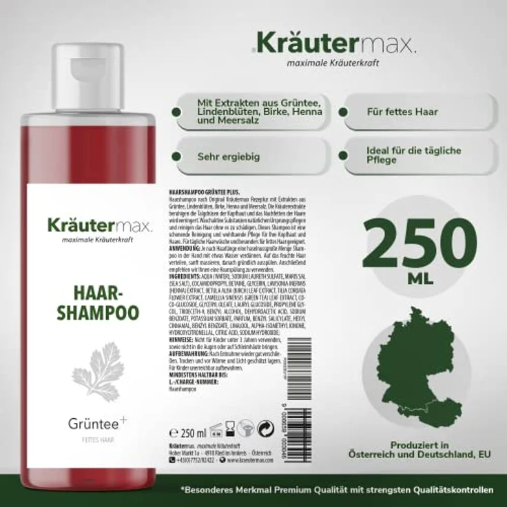 Kräutermax Grüntee Shampoo Grüner Tee Extrakt zur Reinigung der Haare 1 x 250 ml, beruhigt Talgdrüsen, verringert Nachfetten, ohne Paraffine und Vaseline, hochdosiert ohne synthetische Farbstoffe, ohne Silikonöle – Bild 4
