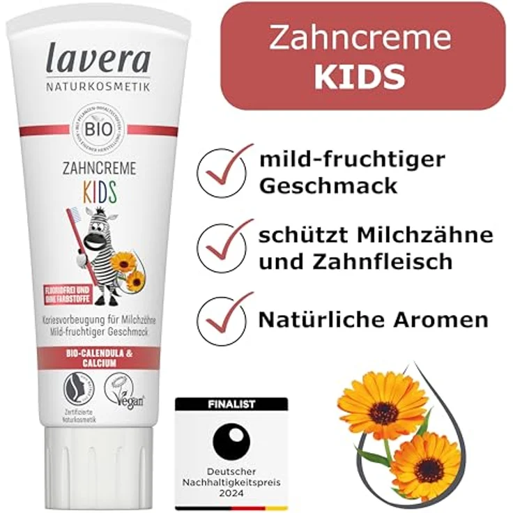 lavera Zahncreme Kids FLUORIDFREI - ohne Farbstoffe - schützt Milchzähne - mild-fruchtig - Bio Calendula & Calcium - Vegan - 75 ml – Bild 2