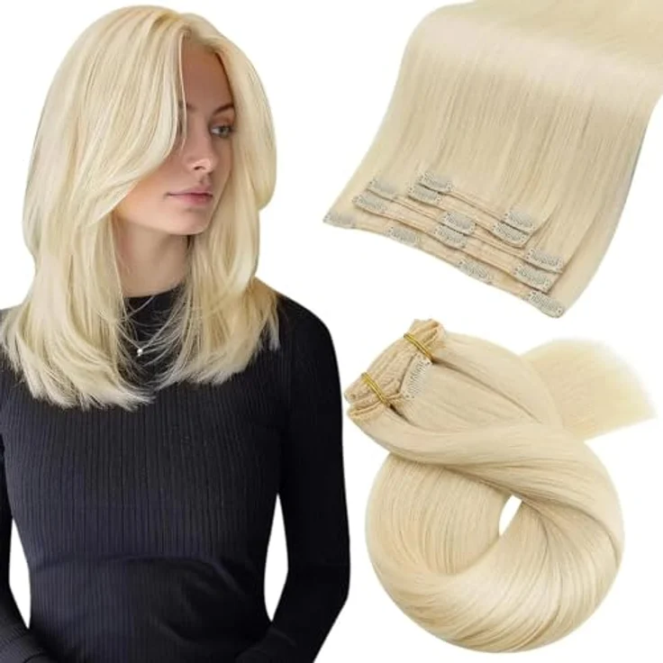 Moresoo Clip in Extensions Echthaar, Platinblond, 35 cm, 5 Stück, 80 g, langlebig und leicht zu tragen – Bild 1