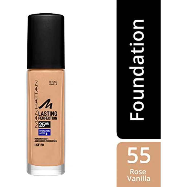 Manhattan Lasting Perfection 25 Stunden Make up, Rose Vanilla 55, feuchtigkeitsspendende Foundation, langanhaltend, hohe Deckkraft, für einen makellosen Teint, 30 ml – Bild 3