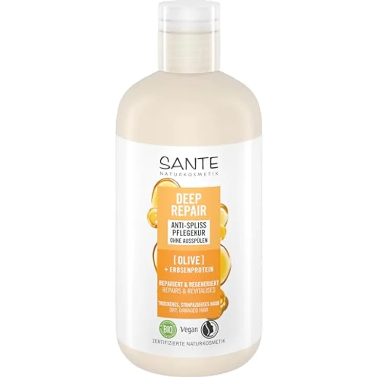 SANTE Naturkosmetik Deep Repair Anti Spliss Pflegekur Olive + Erbsenprotein, vegane Haarkur ohne Ausspülen, repariert strapaziertes Haar, für geschmeidiges und gestärktes Haar, 200 ml